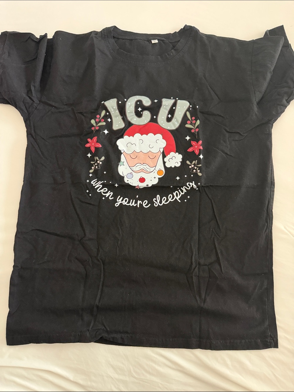 Black Women's Holiday Graphic Tee with Santa 'I CU' Print